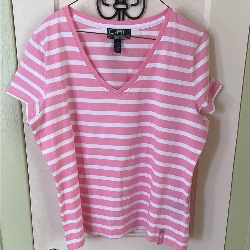 Lauren Ralph Lauren Pink and White Striped V-Neck Tee